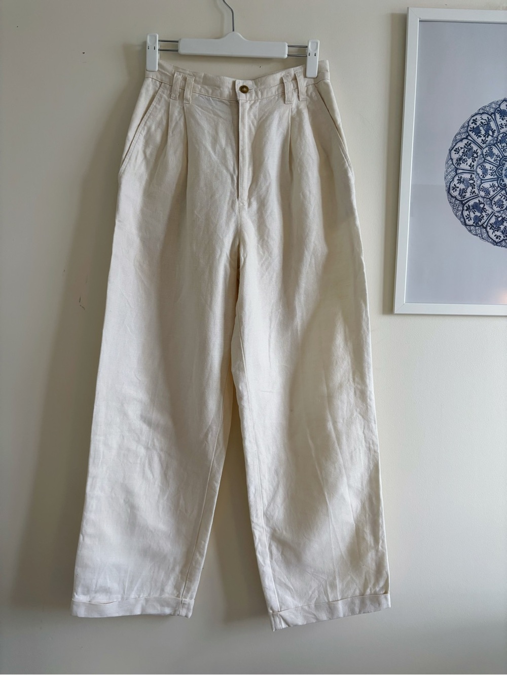 Vintage 90s Calvin Klein Linen Cotton Pleated Trousers Cream Sz 6 (Fits Sz 4)